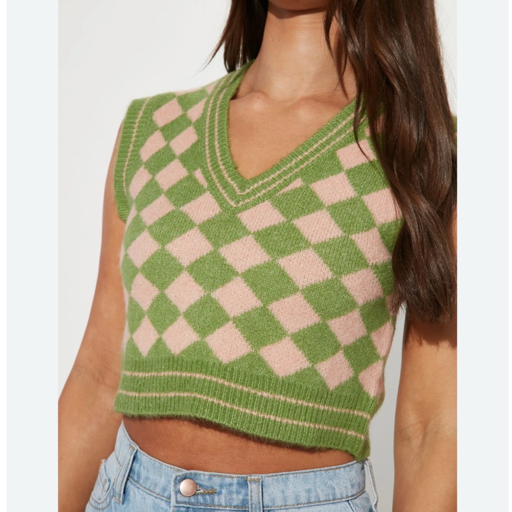 Fashion Nova Argyle Sweater Vest in Green and Pink